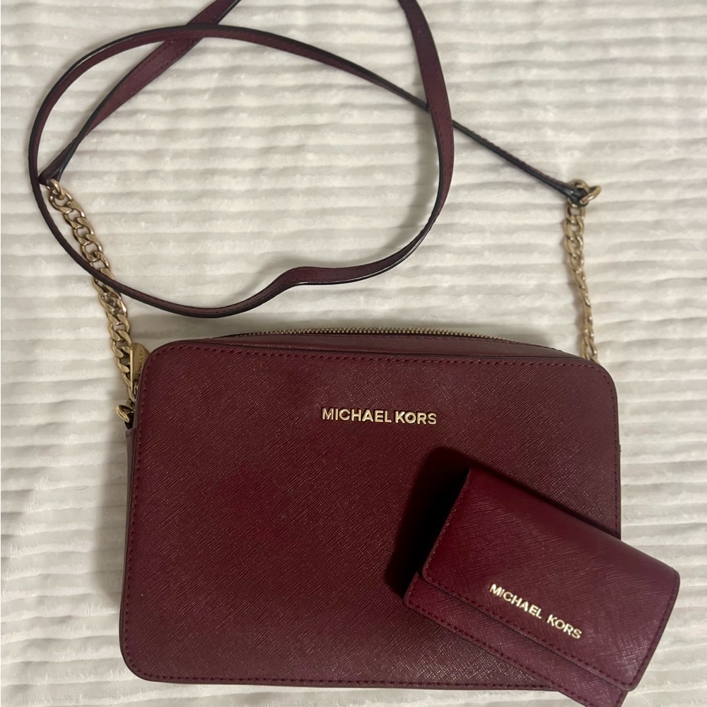 Michael Kors Burgundy Crossbody Bag and Wallet Set
